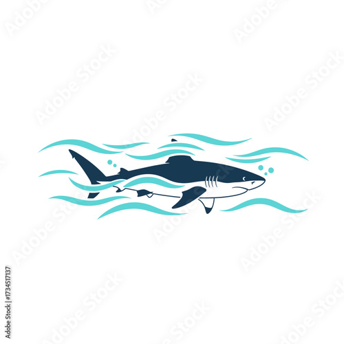 A stylized illustration of a shark swimming in turquoise ocean waves on a white background.