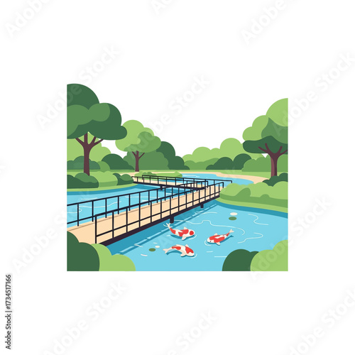 A serene illustration of a park scene featuring a wooden bridge over a koi pond with trees.