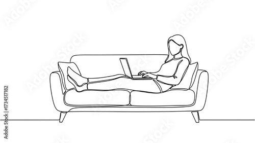 Continuous Line Art of Remote Worker Reclining on Couch with Laptop, Minimalist Work-from-Home Vector Illustration