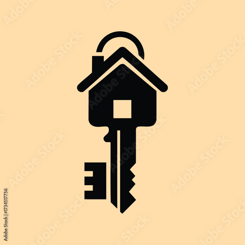 Minimalist black house-shaped key on a soft beige representing home security and access