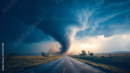 Tornado on Rural Road During Thunderstorm: Dramatic Funnel Cloud Touching Down on Empty Highway Through Farmland Landscape – Extreme Weather Concept in Grainy Cinematic Style
