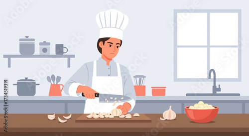A cartoon chef meticulously prepares garlic cloves in a well-equipped kitchen setting, with a