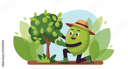 A cheerful lime character harvests ripe fruit from a lush lime tree with care and joy illustration