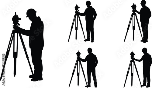 Silhouette of land surveyor with theodolite on tripod, construction site surveying, civil engineer, mapping, geodetic work, industrial workforce, site planning, architecture measurement