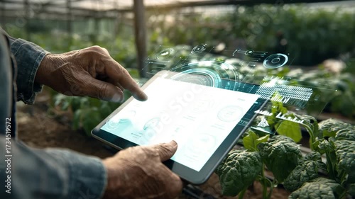 Farmer using digital tablet with AI interface for precision agriculture