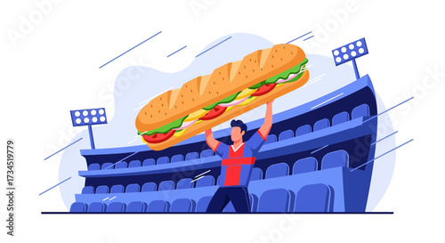 A gigantic sandwich over a stadium celebrated by an enthusiastic fan illustration