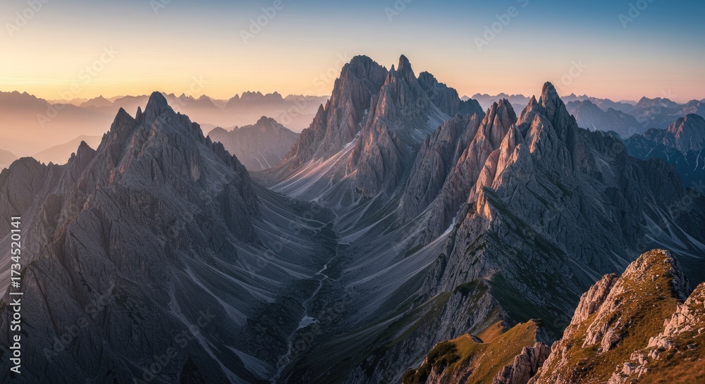 Obraz premium Dramatic mountain range panorama at sunrise, showcasing rugged peaks and valleys.