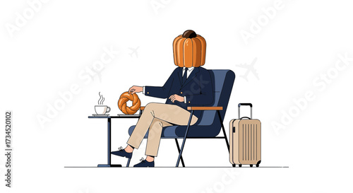 A pumpkin-headed businessman awaits his flight in the airport lounge, enjoying a coffee and pastry