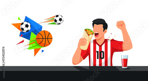 A sports enthusiast enjoying a kebab while celebrating a victory vector illustration