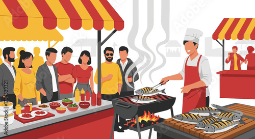A vibrant food festival scene with chef grilling fish and customers enjoying culinary delights