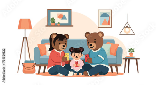 Adorable bear family illustration enjoying quality time in their cozy living room setting showing
