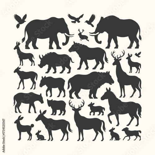 Vector art of collection of diverse animal silhouettes including elephants, rhinos, deer, horses, rabbits, and birds, all isolated on a for easy use