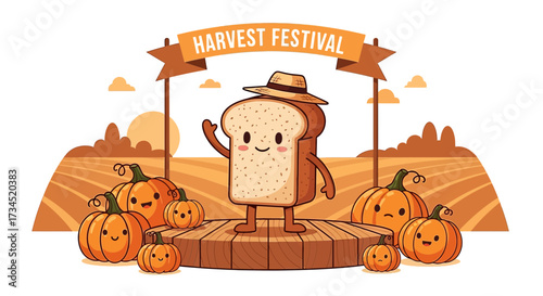 Adorable Harvest Festival Illustration featuring a Slice of Bread and Smiling Pumpkins