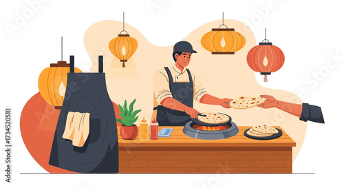 An enticing illustration showcasing a chef preparing and serving flatbread in a vibrant setting