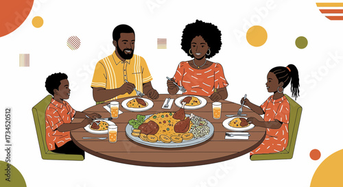 African American family enjoying a traditional meal together at a round wooden table illustration