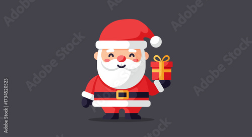 A cheerful Santa Claus holds a gift, rendered in a modern flat design style with clean lines and a limited color palette. This cute illustration is perfect for festive branding.