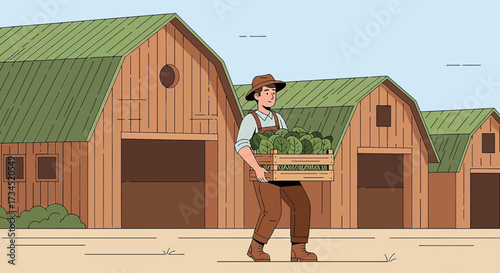 An illustration of a farmer carrying a crate of fresh produce in front of farm buildings with a