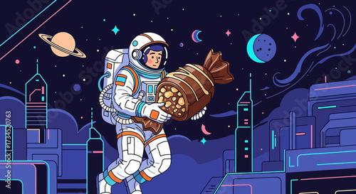 Astronaut discovers giant chocolate in futuristic city amidst space exploration theme