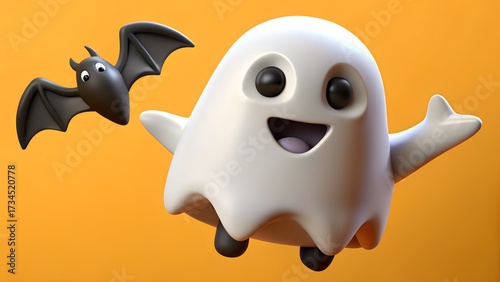 Halloween-themed: 3D plastic toy a ghost in a white robe, large eyes, a wide smile. The background is a solid, warm orange color.