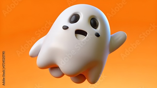 Halloween-themed: 3D plastic toy a ghost in a white robe, large eyes, a wide smile. The background is a solid, warm orange color.