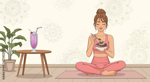 Balanced lifestyle illustration of a woman enjoying healthy food while meditating in a serene