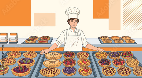 Baker presenting a variety of freshly baked fruit pies in a bakery setting illustration