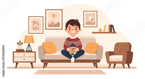 Boy enjoying snack time sitting on sofa in cozy living room illustration, vector art
