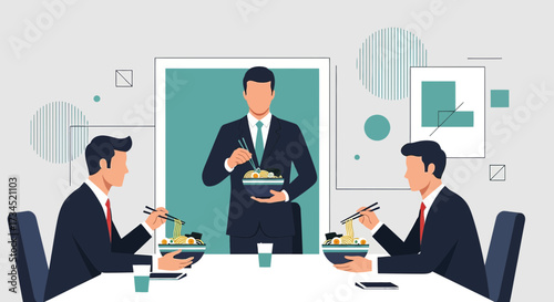 Business lunch meeting with colleagues enjoying ramen noodles together in the office