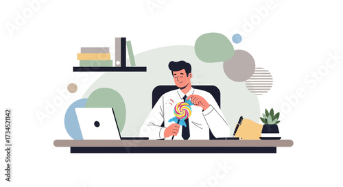 Businessman enjoys a colorful lollipop during break at his desk in a modern office space