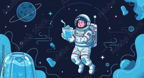 Cartoon astronaut floating in space with a cup of fluid exploring outer space