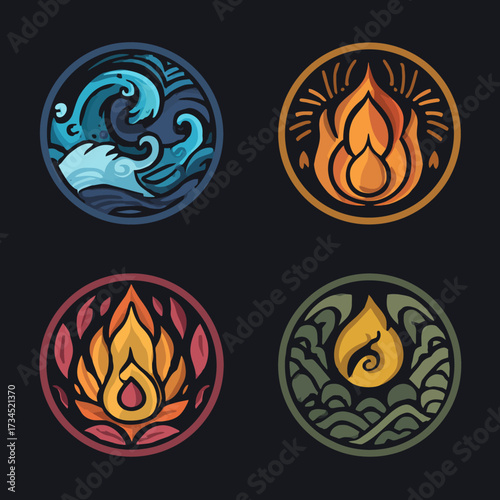 Four elemental circle designs with stylized fire, water, earth, and fire symbols on a dark background
