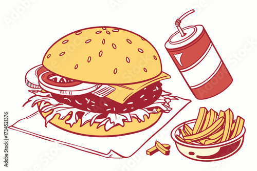 A tasty burger with fries and a soda drink illustration