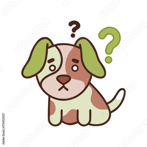 Confused cartoon puppy with question marks above head, conveying uncertainty and curiosity for engaging pet content