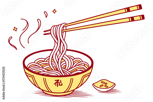 Noodle Bowl with Chopsticks Holding Up Noodles in a Vector Illustration