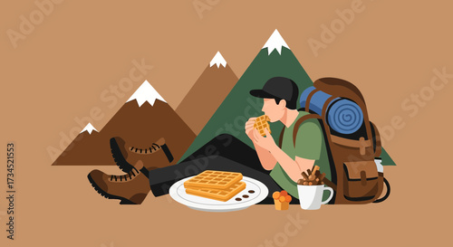 Cartoon illustration depicting a hiker enjoying waffles with a mountain backdrop relaxing outdoors