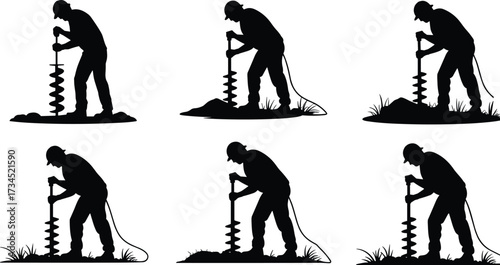 Silhouette of construction worker using auger drill, manual hole digging, soil boring, ground drilling, earth auger operation, industrial workforce, building site tool, engineering illustration