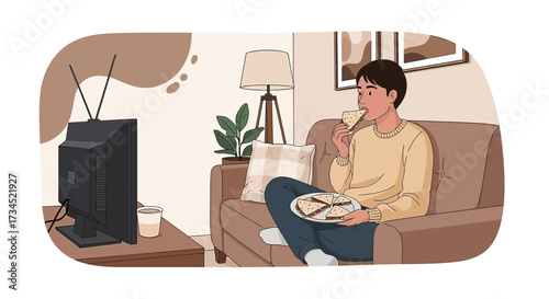 Cartoon illustration of a man relaxing at home while watching tv and eating pizza depicting