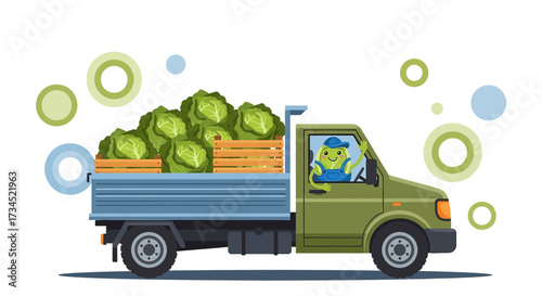 Cartoon illustration of a truck carrying cabbages with a vegetable driver waving
