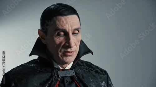Portrait of Older Man in Costume Against Gray Background Dressed in Black Cape and Formal Attire