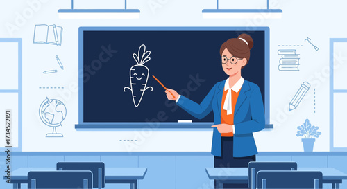 Cartoon Teacher in Classroom Explaining a Carrot on Blackboard for Education Concept