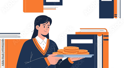 Cartoon Woman Holding Waffles with Books as Background, Representing Breakfast and Education or