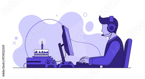 Celebrating a gamer's birthday with cake and video games console setup vector design