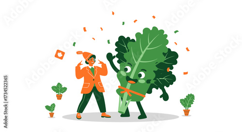 Celebrating healthy eating: A happy person alongside a cheerful cartoon kale character
