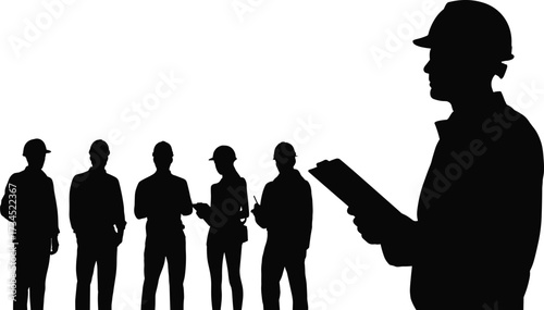 Silhouette of engineers, architects and supervisors team meeting with clipboard, construction workers discussing building project, teamwork, planning, inspection, management