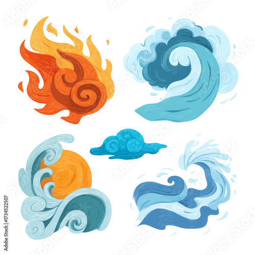 Illustrated elements of nature fire, waves, clouds, and the sun, presented in a playful style on white