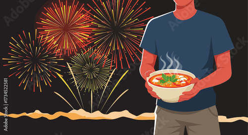 Celebrating with soup and fireworks an illustration of a cultural food celebration background