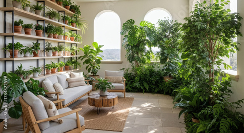 Fototapeta Naklejka Na Ścianę i Meble -  A loggia designed in eco-style, with wooden shelves for plants, soft seating made from natural materials, and a refreshing green corner