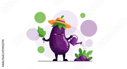Cheerful eggplant cartoon character gardening and watering plants in a whimsical style