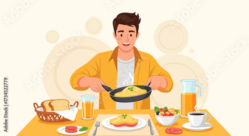 Cheerful man preparing and serving a delicious breakfast with a smile at home