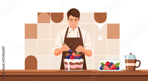 Chef decorating a multi layered cake with fresh berries, creating a delicious dessert